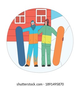 Happy friends standing hugging each other after practicing snowboarding