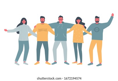 Happy friends are standing and hugging. Young men and young women in casual wear are standing together. International Friendship Day concept. Vector illustration in flat funky design