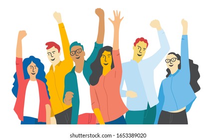 Happy friends or students with raised arms up. Vector illustration in flat cartoon style.