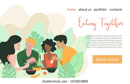 Happy Friends at the table are eating and drinking healthy food and drinks together. Vector illustration in flat style. Landing page template.