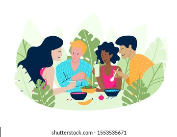 Happy Friends at the table are eating and drinking healthy food and drinks together. Vector illustration in flat style. Two men and two women enjoy a meal together. 