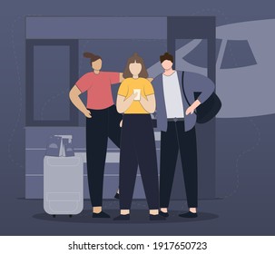 Happy friends with talking by video call on a smartphone before traveling. Vector character illustration of people at the airport scene, airline travel, vacation, business trip. Flat design style.

