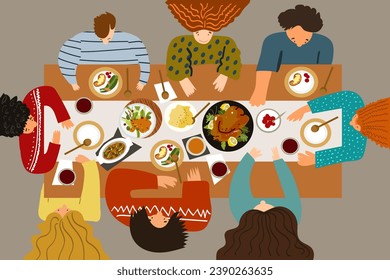 Happy friends Thanksgiving dinner with roast turkey illustration. 