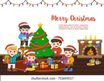 Happy Friends Together, Celebrating merry christmas scene,Kids decorating a Christmas tree and exchanging xmas presents on the floor at fireplace. Vector Illustration. 