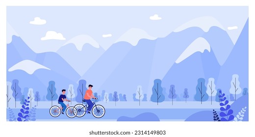 Amigos felices viajando en bicicleta ilustrando el vector. Jóvenes ciclistas corriendo por el sendero de la bicicleta, observando la naturaleza y las montañas de fondo. Ciclismo, turismo de aventura, concepto de viajes