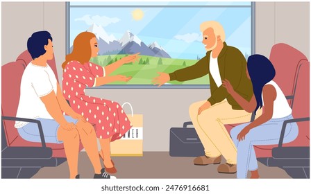 Happy friends traveling inside cabin in train vector illustration