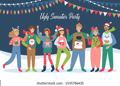 Happy friends in ugly sweaters celebrating Christmas and New Year holidays. Group of people enjoying festival or party