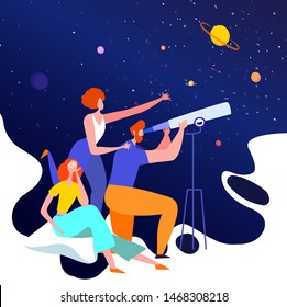 Happy friends visiting planetarium, looking at celestial bodies or space objects, planets of Solar system. Entertainment for kids and adults. Colorful vector illustration in modern flat cartoon style.