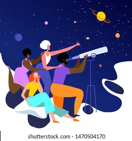 Happy friends visiting planetarium, looking at celestial bodies or space objects, planets of Solar system. Entertainment for kids and adults. Colorful vector illustration in modern flat cartoon style.