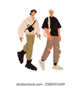 Happy friends walk together in autumn. Fashion men in stylish clothes stroll. Young people in boots, jacket, ripped jeans carry trendy bags. Flat isolated vector illustration on white background