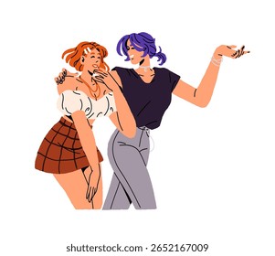 Amigos felizes caminham juntos e se abraçam. Jovens mulheres passeiam, gesticulam, conversam, conversam. Garota conta piada para pessoa rindo. Pessoas alegres se comunicam. Ilustração de vetor isolado plano sobre fundo branco