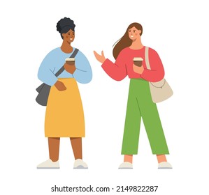 Happy friends are walking around with coffee and talking. African American woman is seeing a friend. Concept of friendship, teamwork. Flat vector illustration on white background.