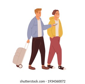 Happy friends walking with luggage. Love couple of young men traveling together with baggage. Colored flat vector illustration of tourists, travelers or passengers isolated on white background