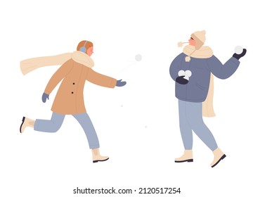 Happy friends in warm clothes playing snowballs. Outdoor winter funny throwing snow game cartoon vector illustration