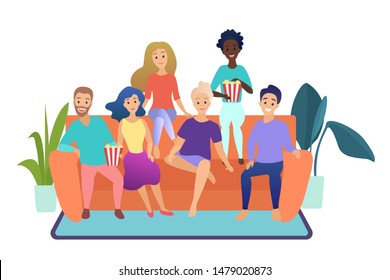 Happy Friends Watching Television Together Sitting On The Couch At Home Isolated Vector Illustration. Group Of People Watching TV.