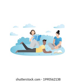 Happy friends, when they meet, talk outdoors in park, joke, laugh, relax on picnic, read books in nature, tell stories. Team of people sits, lies on grass on weekends, on vacation, in free time.