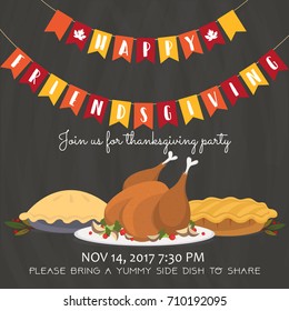 Happy Friendsgiving Invitation Party Card With Roasted Turkey And Pies. Thanksgiving Holiday Concept. Vector Illustration