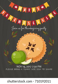 Happy Friendsgiving Party Invitation Card With Apple Pie. Thanksgiving Holiday Concept. Vector Illustration