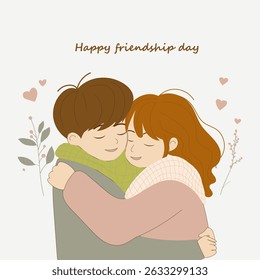 Happy friendship card flat vector illustration boy and girl holding, positive emotion