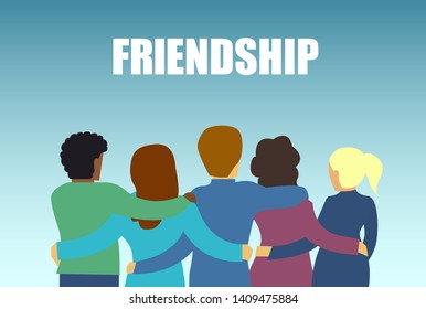 Happy friendship  concept. Vector of a diverse friend group of people hugging together 