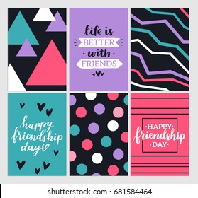 Happy friendship day 2017. Set of bright colorful posters with brush lettering about friends. Vivid illustration in retro color style. Vintage colors and shapes. Greeting cards collection.