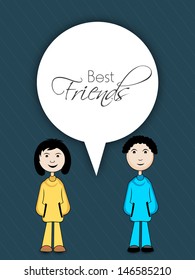 Happy Friendship Day background with cute little boy and girl on abstract blue background.
