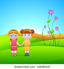 Happy Friendship Day background with cute little girls on abstract nature background.