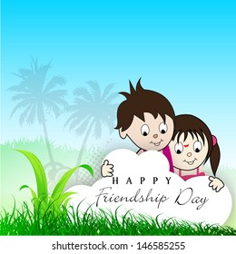 Happy Friendship Day background with cute little boy and girl on abstract nature background.