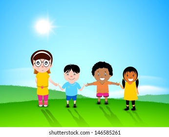Happy Friendship Day background with cute little boys and girls on abstract nature background.