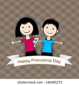 Happy Friendship Day background with cute little boy and girl on abstract brown background.