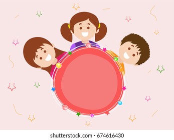 Happy Friendship Day background with cute happy kids, colorful stars and space for your text.