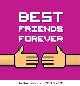 Happy Friendship day background with handshake and text Best Friends Forever. pixel art style