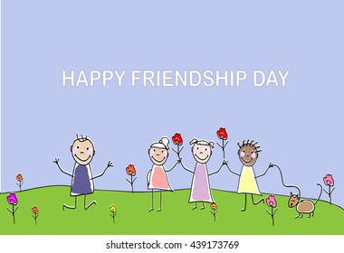 Happy friendship day background. Postcard with playing children outdoor. Children of different races. Children fun, jumping and playing. Vector illustration.
