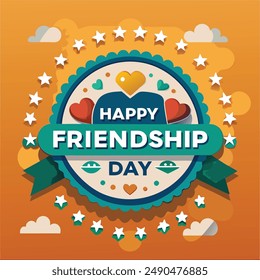 Happy Friendship Day Badge with Hearts and Stars.