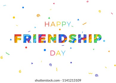 happy friendship day banner design layout with paper cut colorful layered text. vector illustration for greeting cards, posters, invitations, brochures