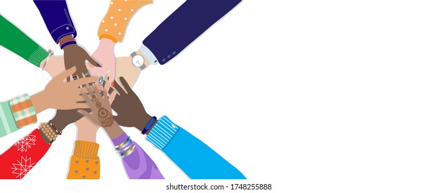 Happy Friendship Day banner,  friends hold hands together in circle. International diverse group support. Isolated white, space for text, vector