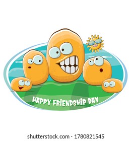 Happy friendship day banner with friends tiny kids potato characters having fun on green field. Happy Friendship day vector illustration. funky kids potato with friends