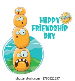 Happy friendship day banner with friends tiny kids potato characters having fun on green field. Happy Friendship day vector illustration. funky kids potato with friends