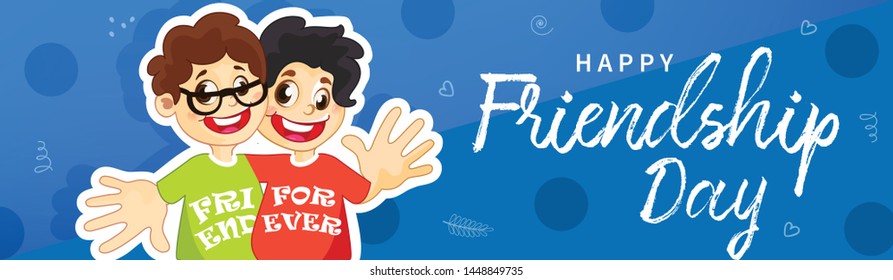 happy friendship day banner, greeting website header with friends text and character, doodle. vector illustrator.
