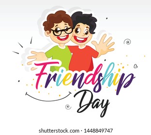 happy friendship day banner, greeting website header with friends text and character, doodle. vector illustrator.