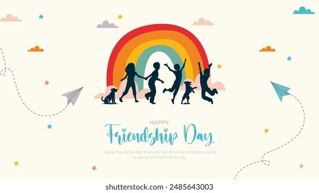 Happy Friendship Day Banner and Greeting Card. Modern and Minimal Friendship Day Background with Text and rainbow Vector Illustration.