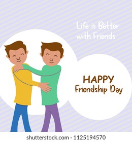 Happy friendship day banner poster design. Illustration two man hug each other.