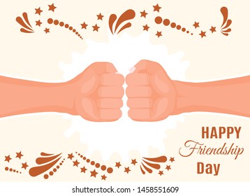 Happy friendship day. Beautiful Bright template design for greeting card, flyer, poster, banner. Friendship themed fist bump, two clenched fists bumping together; symbol of bond. Vector illustration.