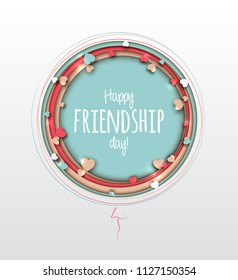 Happy Friendship Day. Beautiful greeting card for holiday and celebration best friends day. Paper art with colorful multilayer balls with hearts. 3d origami, paper cut and craft style