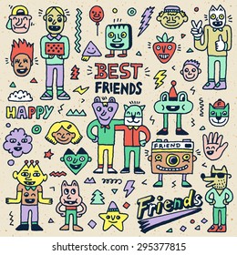 Happy Friendship Day. Best Friends Funny Cartoon Doodle Set. Vector Hand Drawn Color Illustration Pattern.