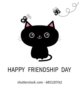 Happy Friendship Day. Black cat silhouette and butterfly insect Dash line track with loop Friends forever Cute cartoon character Pet baby collection Greeting card Flat design. White background Vector