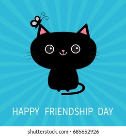 Happy Friendship Day. Black cat silhouette and butterfly insect. Cute cartoon character. Pet baby collection Greeting card Flat design. Starburst sunburst background. Vector