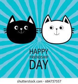Happy Friendship Day. Black White contour Cat head couple family icon. Cute funny cartoon character set. Greeting card. Kitty Whisker Baby pet collection Blue starburst background. Flat design Vector