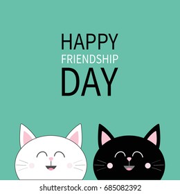 Happy Friendship Day. Black White Cat head icon. Cute funny cartoon character set. Friends forever. Greeting card. Kitty Whisker Baby pet collection Green background. Isolated. Flat design Vector