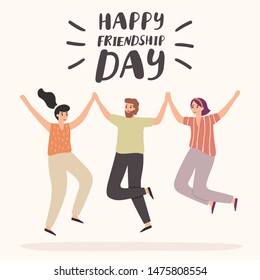 Happy friendship day card. Friendships celebration, happy friends standing together and embracing. Social relationship banner, friend characters togetherness vector template illustration